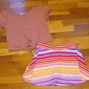 Girls' Multi-Stripe Skort and Pink Top Set, large
